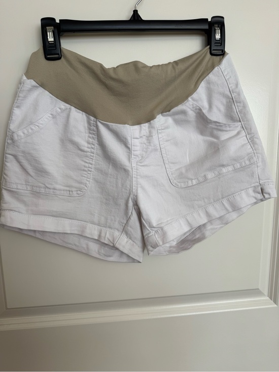 Pants - Haute Moma-Maternity White Cotton Blend Shorts with Tan Stretch Waistband